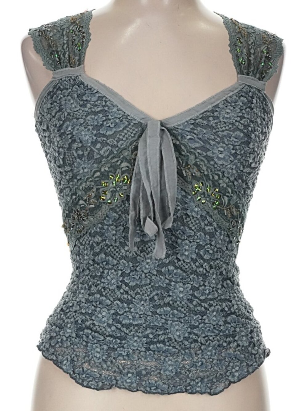Ann Ferriday Lace and Ribbon Sleeveless Top In Grey One Size